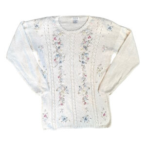 Vintage 90s Sellecca Embroidered Floral Pearl Sweater Size Small